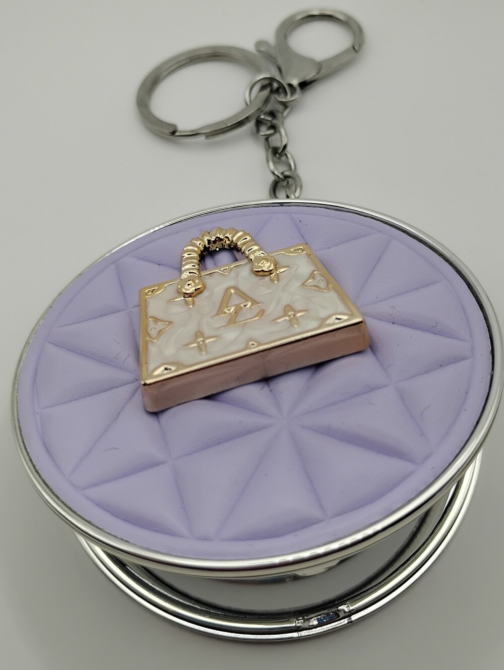 Lilac Compact Mirror Keychain with Gold Bag Charm - Picture 2 of 7